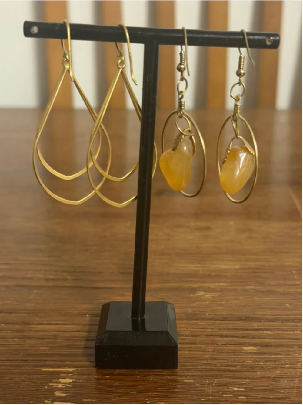 2 Pair Dangle Earrings Lot Gold Tone Yellow Stone Teardrop Hoop Boho Jewelry